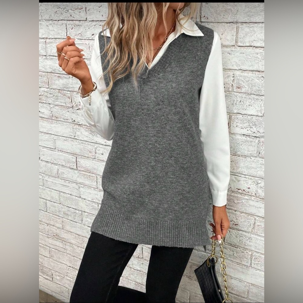 V neck sleeveless sweater vest Heather Gray